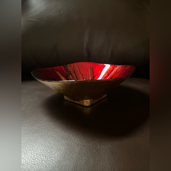Pier 1 Decorative Glass Bowl Abstract Design in Dark Red and Gold - Picture 3 of 12